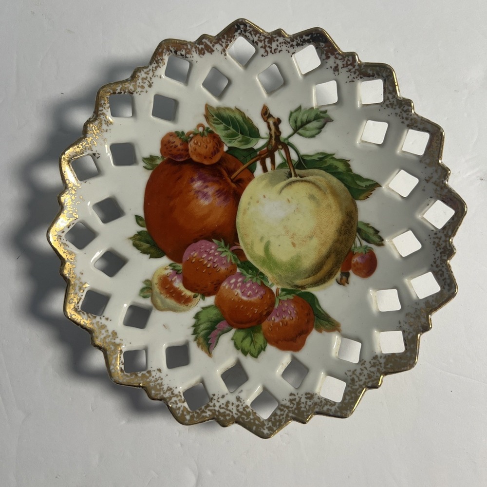 Norcrest Hanging Plate‎ Fruit Lattice Edge Gold Trim Vintage Strawberries Apples
